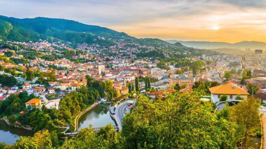 Sunset view of Sarajevo from most popular panoramic spot in Sarajevo; Yellow Fortress (Zuta Tabija), Vratnik